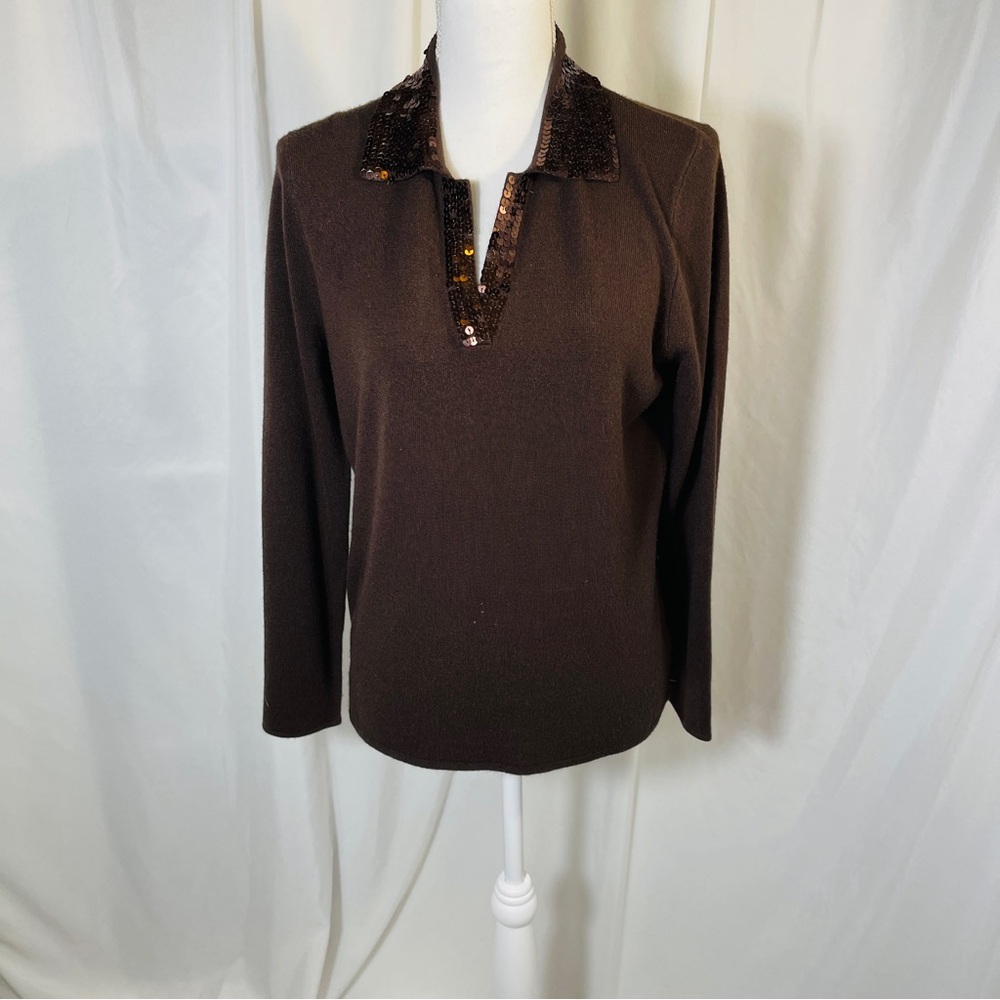 Brown Sequin Trim  Sweater Top - See Measure for Size
